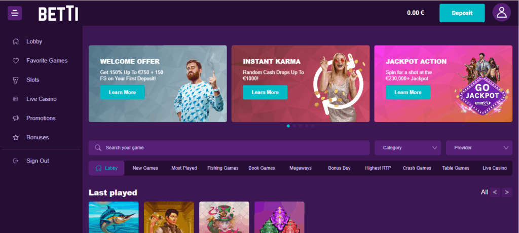 Screenshot from betti casino homepage